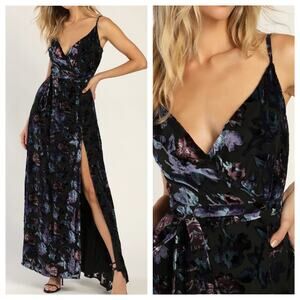 NEW Lulus Pretty Companion Black Floral Velvet Burnout Maxi Dress Formal Large